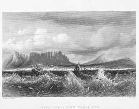 Cape Town Waves River Scene Nature View Landscape Antique Drawing Stock Illustration