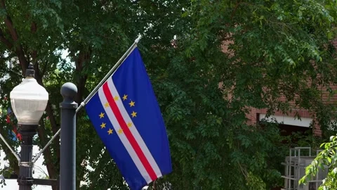 Cape Verde flag drapes lamppost arm beneath dense leafy trees, framed by brick Stock Footage 338408625