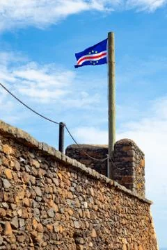 Cape verde flag  floating  in Cidade Velha old fort  in Santiago - Cape Verde Stock-Fotos