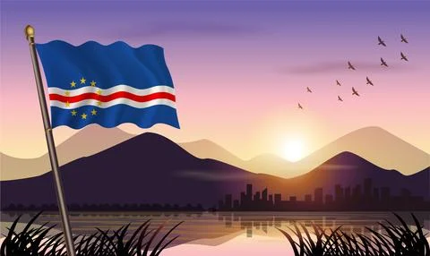 Cape Verde flag flying against a beautiful sunrise sky. Stock Illustration