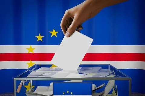 Cape Verde flag, hand dropping ballot card into a box - voting concept Stock Illustration