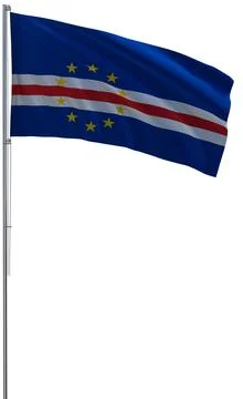 Cape Verde flag on metal flagpole flies in wind 3D rendering, png transparent Stock Illustration