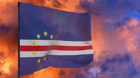 Cape Verde flag on pole with sky background seamless loop 3d animation Stock Footage 149382470