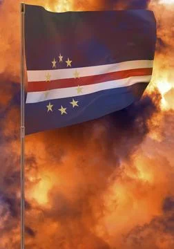 Cape Verde flag on pole with sky background Stock Illustration
