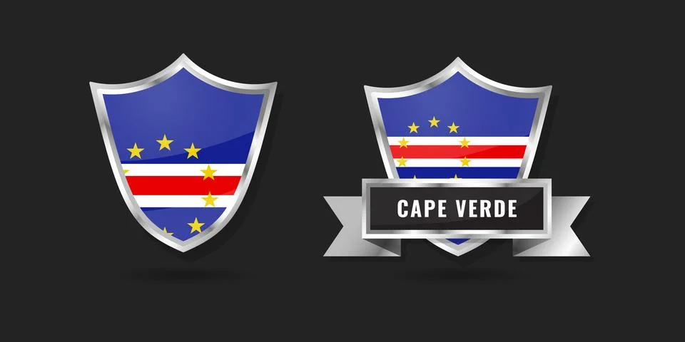 Cape Verde Flag Shield Emblem Set, Cabo Verde Glossy Silver Badges with Rib.. Stock Illustration