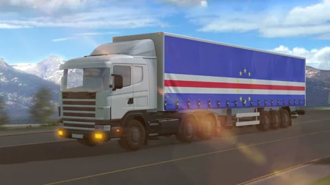 Cape Verde flag shown on the side of a large truck Stock Footage 122097144