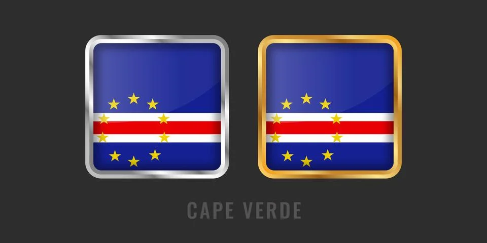 Cape Verde Flag Square Gold and Silver Metallic Glossy Labels Vector Icons. Stock Illustration