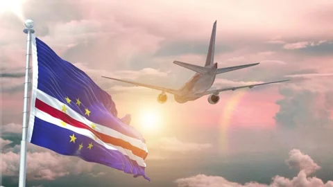 Cape Verde flag Waving Realistic With Sky Plane Takes Off At Sunrise Stock Footage 294598068