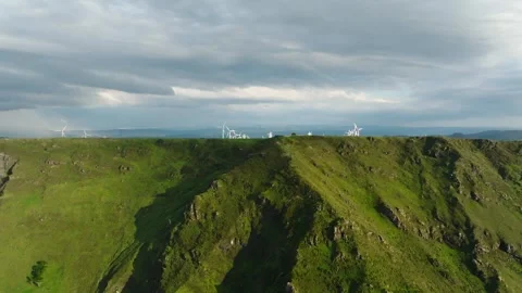 Capelada Wind Turbines Under Cloudy Sky In La Coruna. Aerial Drone Shot Stock Footage 252271264