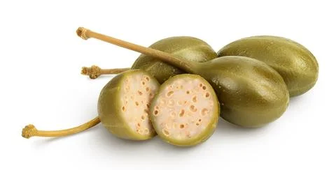 Capers isolated on white background. Pickled or canned capers. Stock-Fotos