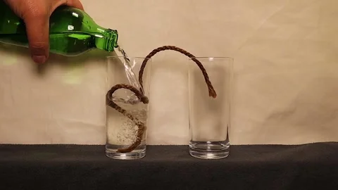 Capillary Action: Water Transfer Between Glasses via Linen Thread | Time-Lapse Stock Footage 303140203