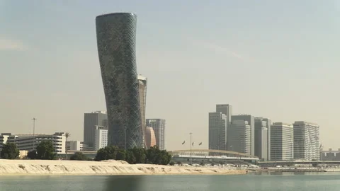Capital Gate tower also known as the Leaning tower of Abu Dhabi, UAE Stock Footage 168021820