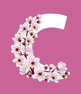 Capital letter C patterned with cherry blossom twig Stock Illustration