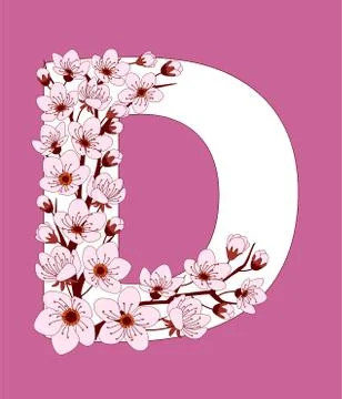 Capital letter D patterned with cherry blossom twig Stock Illustration