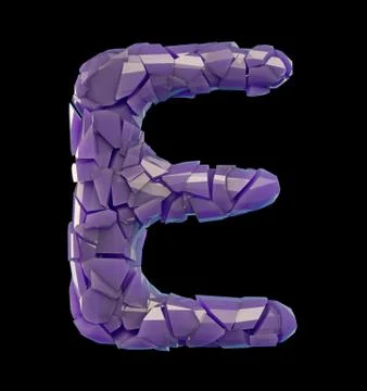 Capital letter E made of broken plastic purple color isolated on black Stock Illustration