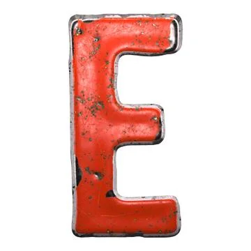 Capital letter E made of red paintad metal isolated on white background. 3d Stock Illustration