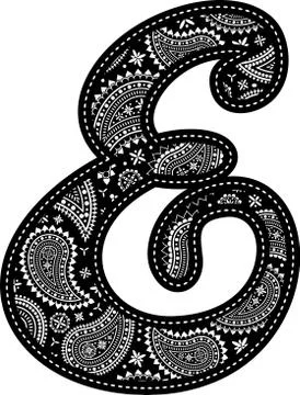 Capital letter E with paisley pattern design. Embroidery style in black color Illustrazione stock