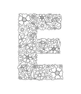 Capital letter E patterned with abstract flowers Stock Illustration