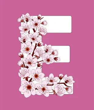 Capital letter E patterned with cherry blossom twig Stock Illustration