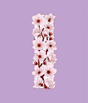 Capital letter I patterned with cherry blossom twig Stock Illustration
