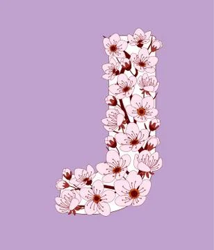 Capital letter J patterned with cherry blossom twig Stock Illustration