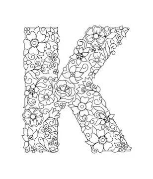 Capital letter K patterned with abstract flowers Illustrazione stock