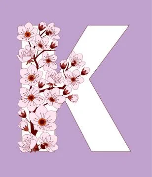 Capital letter K patterned with cherry blossom twig Stock Illustration
