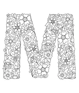 Capital letter M patterned with abstract flowers Stock Illustration