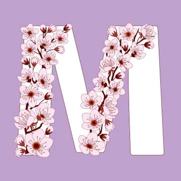 Capital letter M patterned with cherry blossom twig Stock Illustration