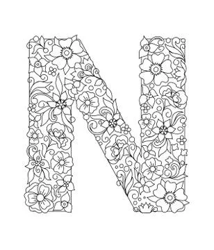 Capital letter N patterned with abstract flowers Stock Illustration