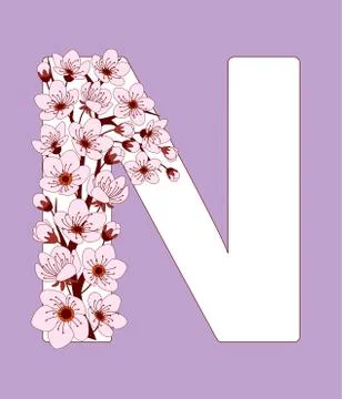 Capital letter N patterned with cherry blossom twig Stock Illustration