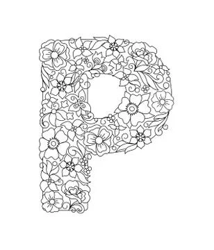 Capital letter P patterned with abstract flowers Stock Illustration