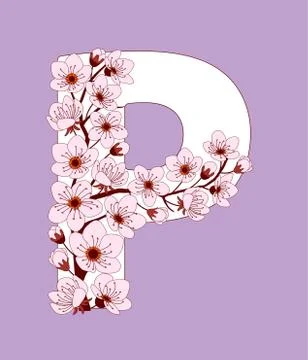 Capital letter P patterned with cherry blossom twig Stock Illustration