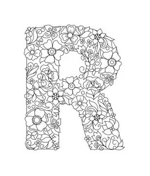Capital letter R patterned with abstract flowers Stock Illustration