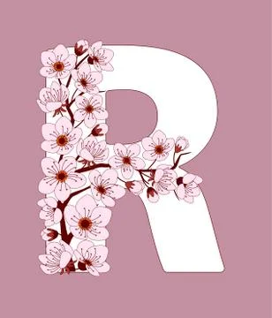 Capital letter R patterned with cherry blossom twig Stock Illustration