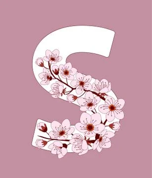 Capital letter S patterned with cherry blossom twig Stock Illustration