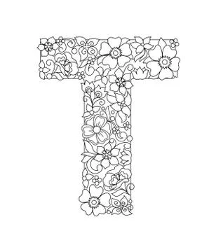 Capital letter T patterned with abstract flowers Stock Illustration