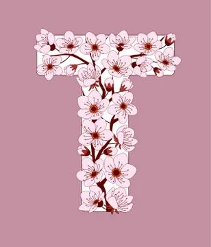 Capital letter T patterned with cherry blossom twig Stock Illustration