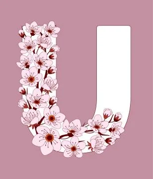 Capital letter U patterned with cherry blossom twig Stock Illustration