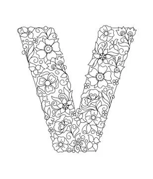 Capital letter V patterned with abstract flowers Stock Illustration