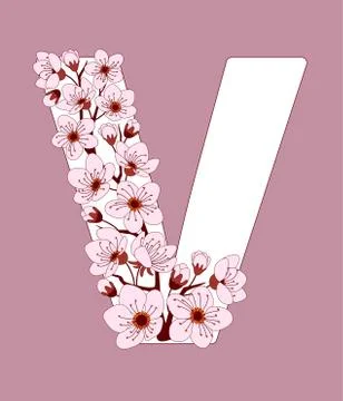 Capital letter V patterned with cherry blossom twig Stock Illustration