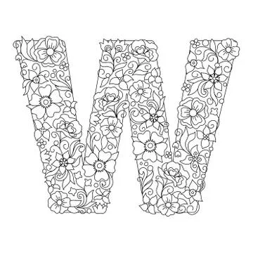 Capital letter W patterned with abstract flowers Stock Illustration