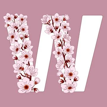 Capital letter W patterned with cherry blossom twig Stock Illustration