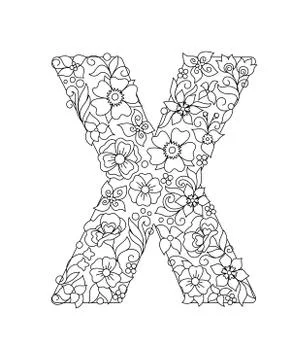 Capital letter X patterned with abstract flowers Stock Illustration