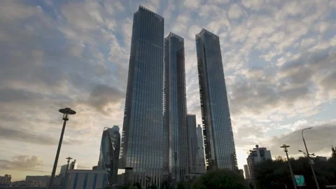 Capital Towers and Evolution Tower Against Sunset Clouds in Moscow 库存影片 342088328