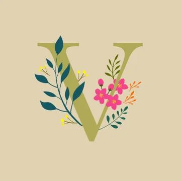 Capital V vector elements with tan background and moss green color font Stock Illustration