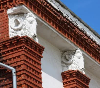 Capitals of columns in the form of rams' heads Stock Photos