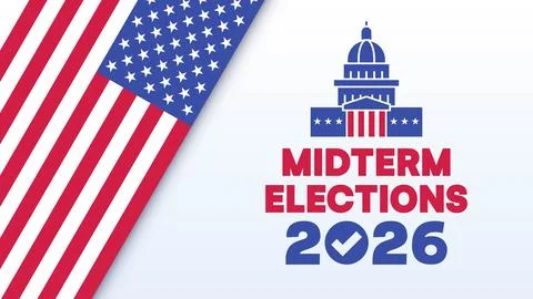 Capitol Building Silhouette Diagonal Flag Split Midterm Elections 2026 Ilustración de archivo