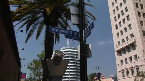The Capitol Record building rises near the intersection of Stock Footage