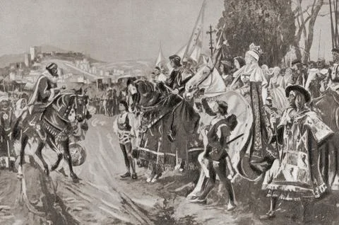 The capitulation of Granada, 1492, Muhammad XII (Boabdil) surrenders to Ferdinan イラスト素材